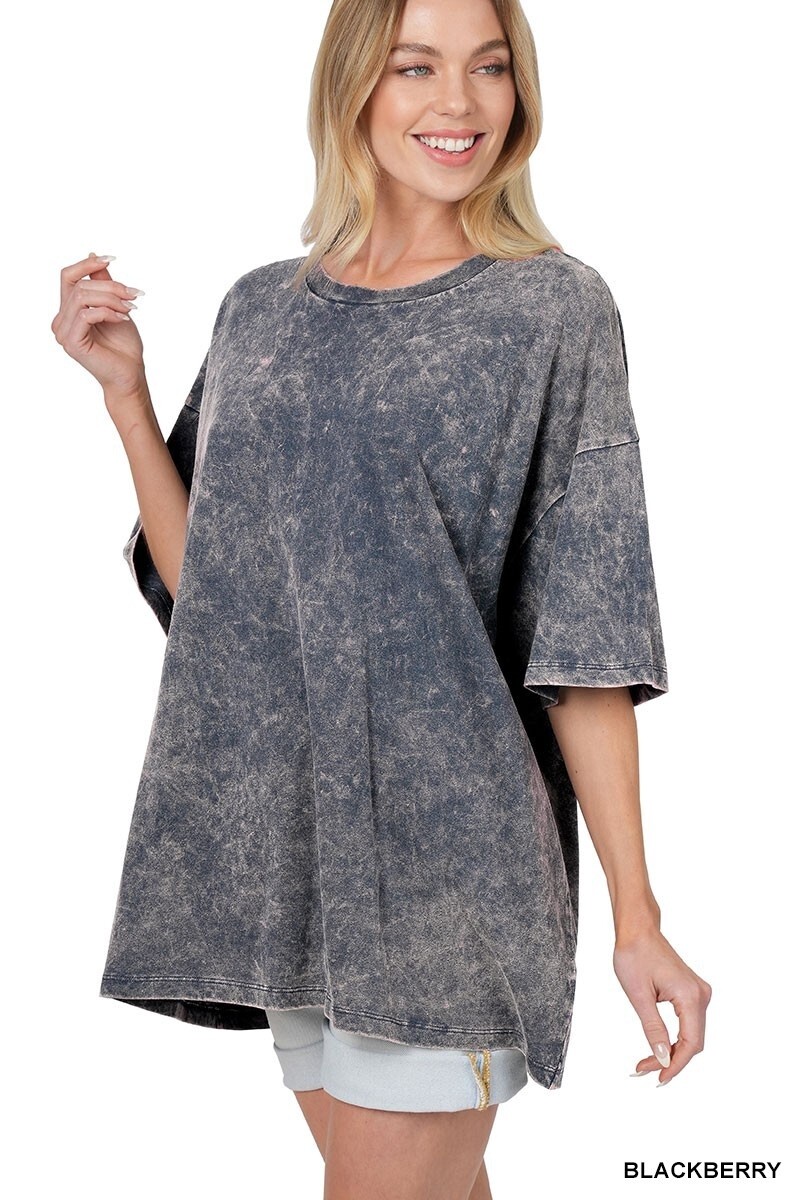 ACID WASH COTTON DROP SHOULDER BOYFRIEND BOX TEE, Size: S/M, Colour: Blackberry