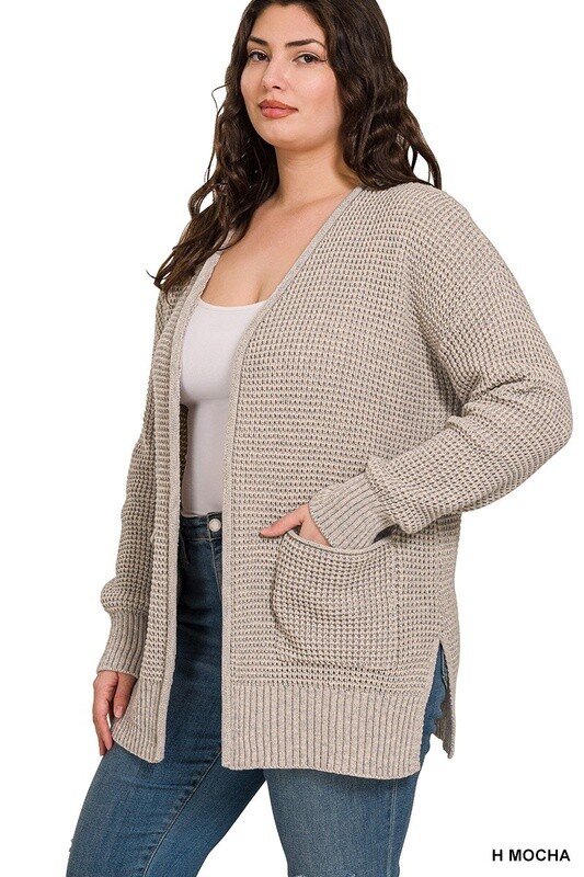 PLUS LOW GAUGE WAFFLE OPEN CARDIGAN SWEATER