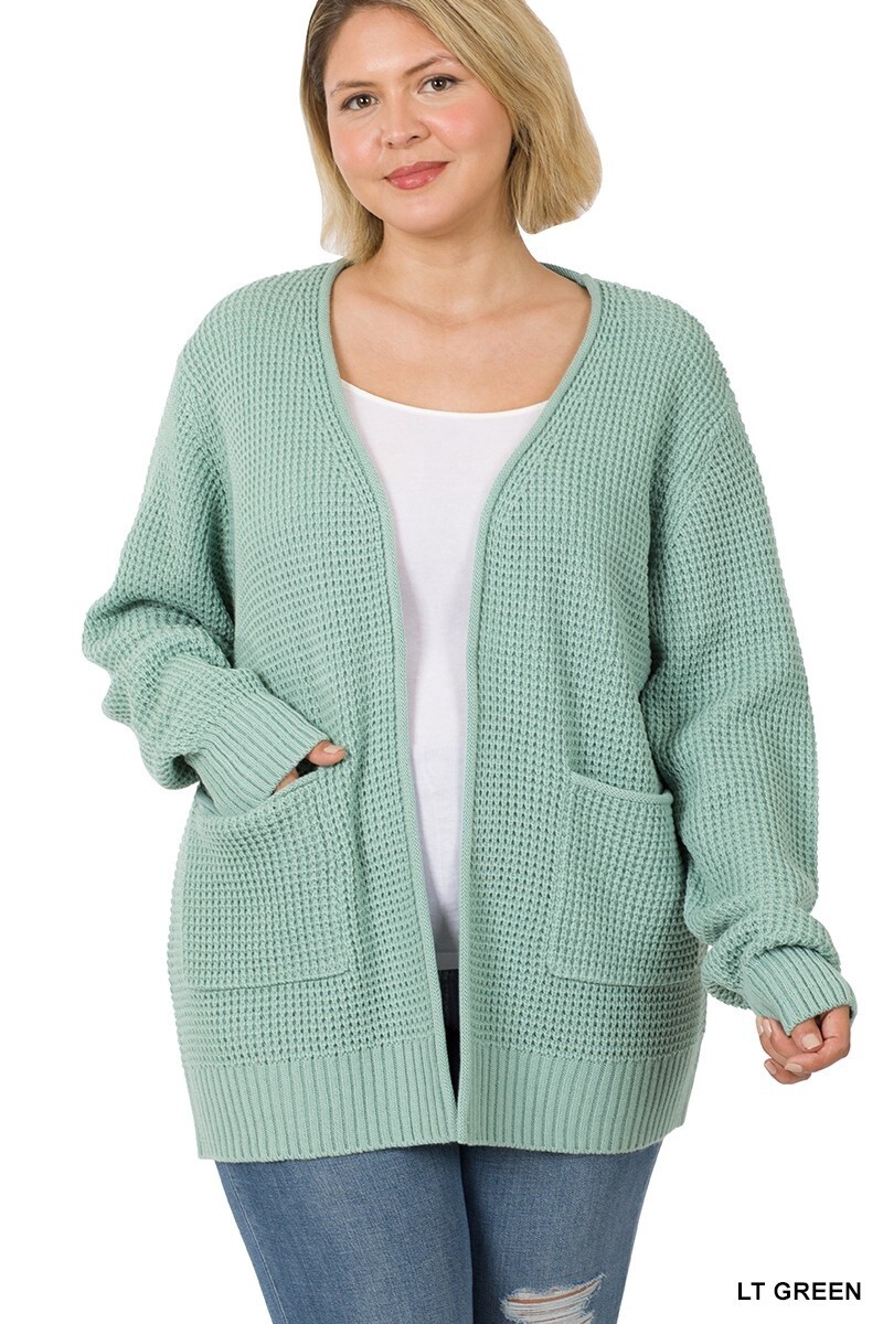 PLUS LOW GAUGE WAFFLE OPEN CARDIGAN SWEATER, Size: 1X, Colour: Lt Green
