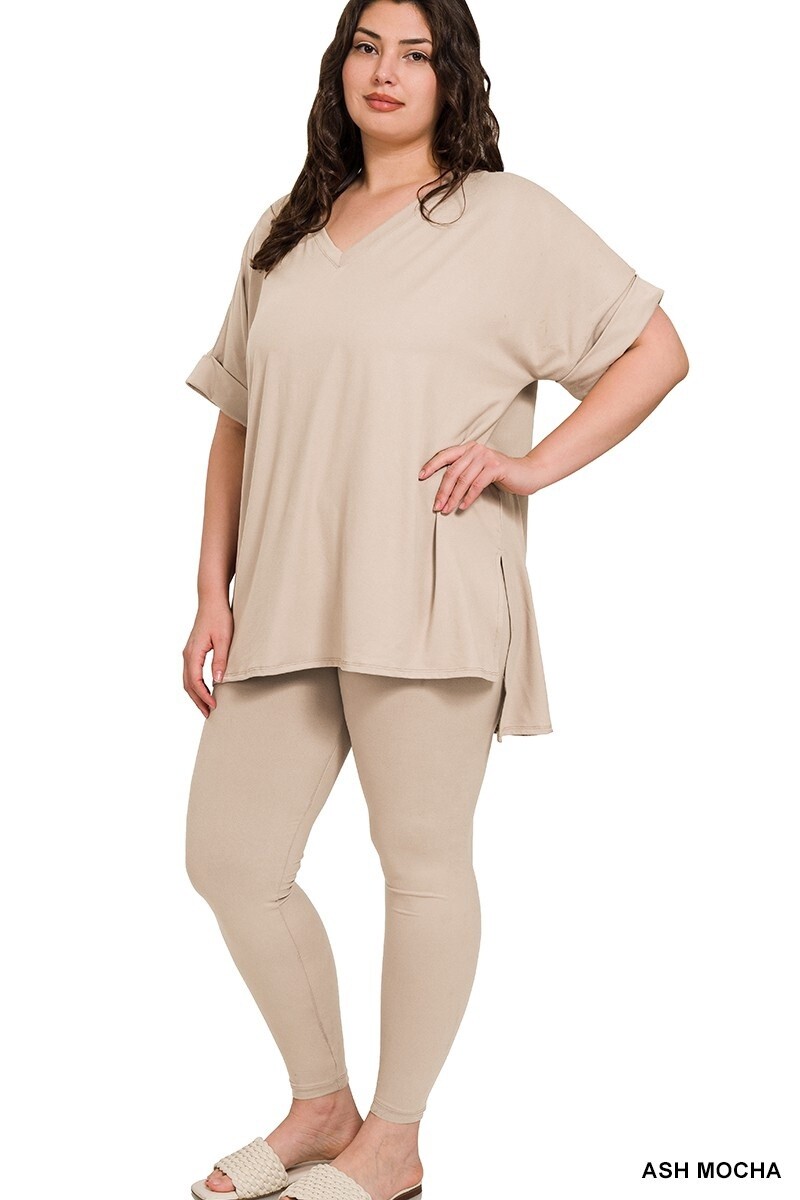 PLUS VNECK SHORT SLEEVE PLUS BRUSHED DTY MICROFIBER LOUNGEWEAR SET, Size: 1X, Colour: Ash Mocha