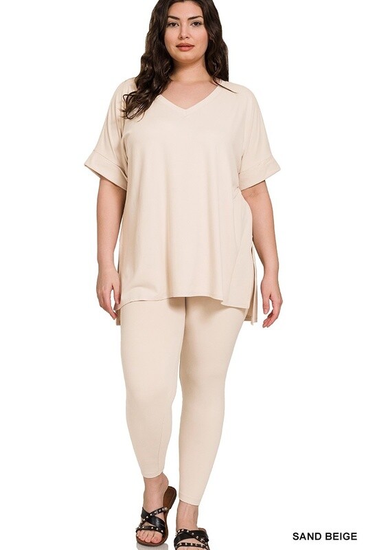 PLUS VNECK SHORT SLEEVE PLUS BRUSHED DTY MICROFIBER LOUNGEWEAR SET