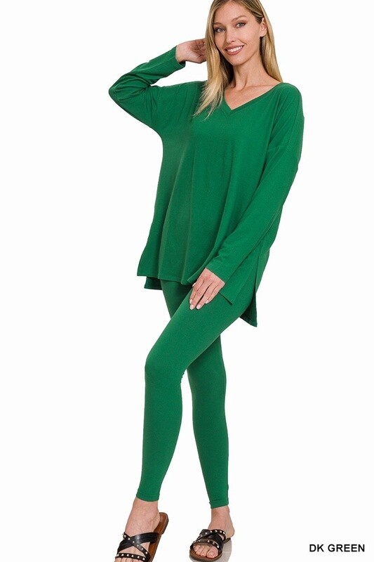V NECK LONG SLEEVE BRUSHED DTY MICROFIBER LOUNGEWEAR SET