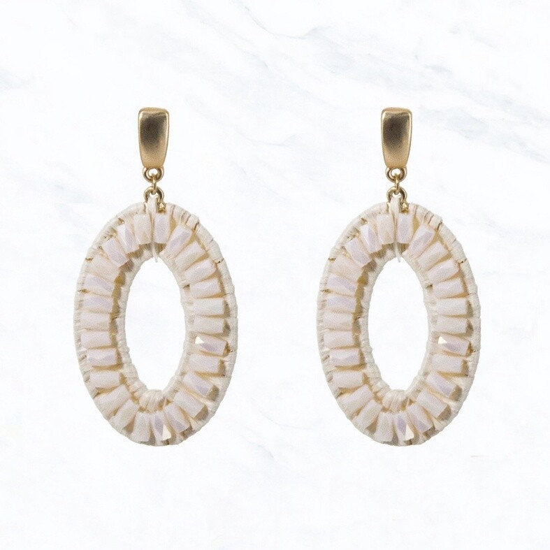 Gold and Colorful Open Teardrop Raffia Earrings, Colour: Ivory