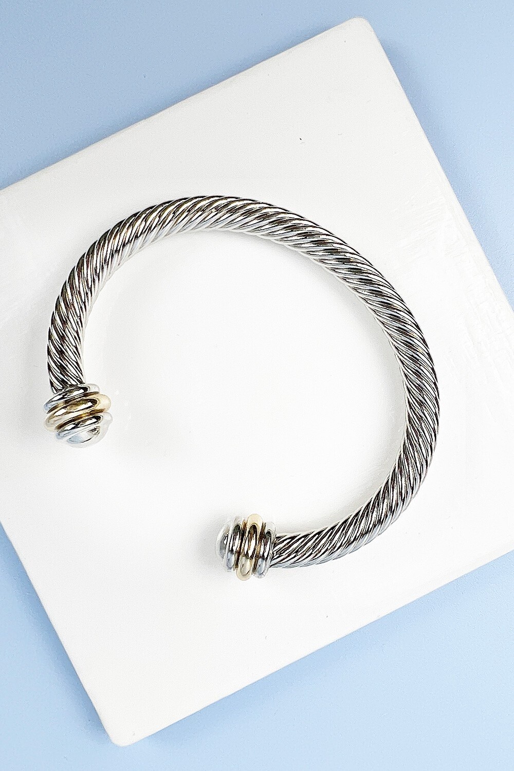 TWISTED CABLE WIRE OPEN BANGLE TWO TONE CUFF BRACE