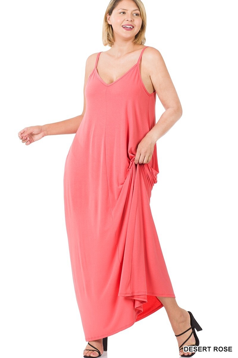 PLUS V-NECK CAMI MAXI DRESS WITH SIDE POCKETS, Colour: Desert Rose, Size: 1X