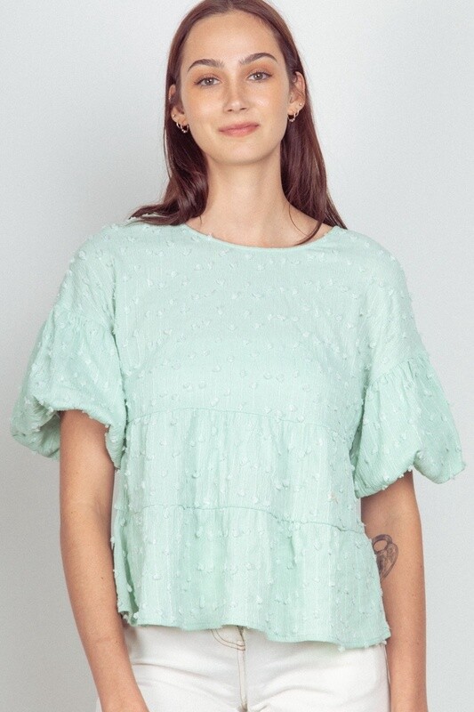 Crinkle Pom Pom Knit Puff Sleeve Babydoll Top