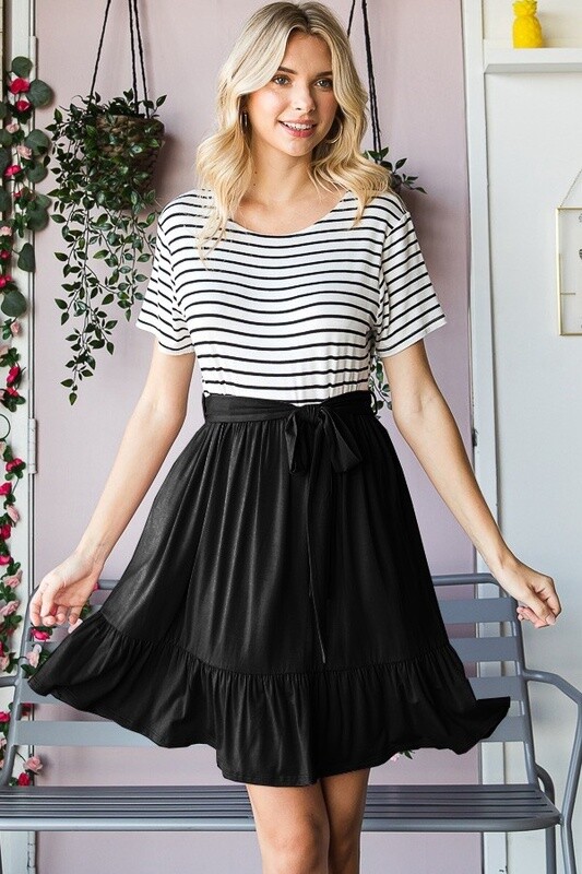 SOLID AND STRIPE MINI DRESS WITH RUFFLES