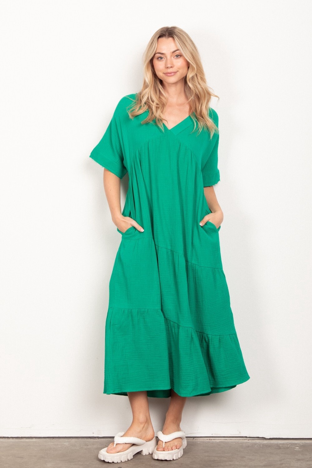 Frayed Detail Soft Gauze Midi Dress-PLUS