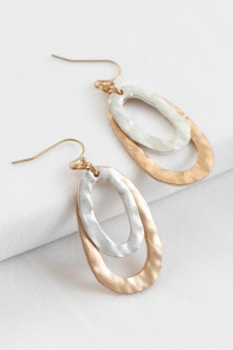 Gold Silver Hammered Metal Oval Drop Earring