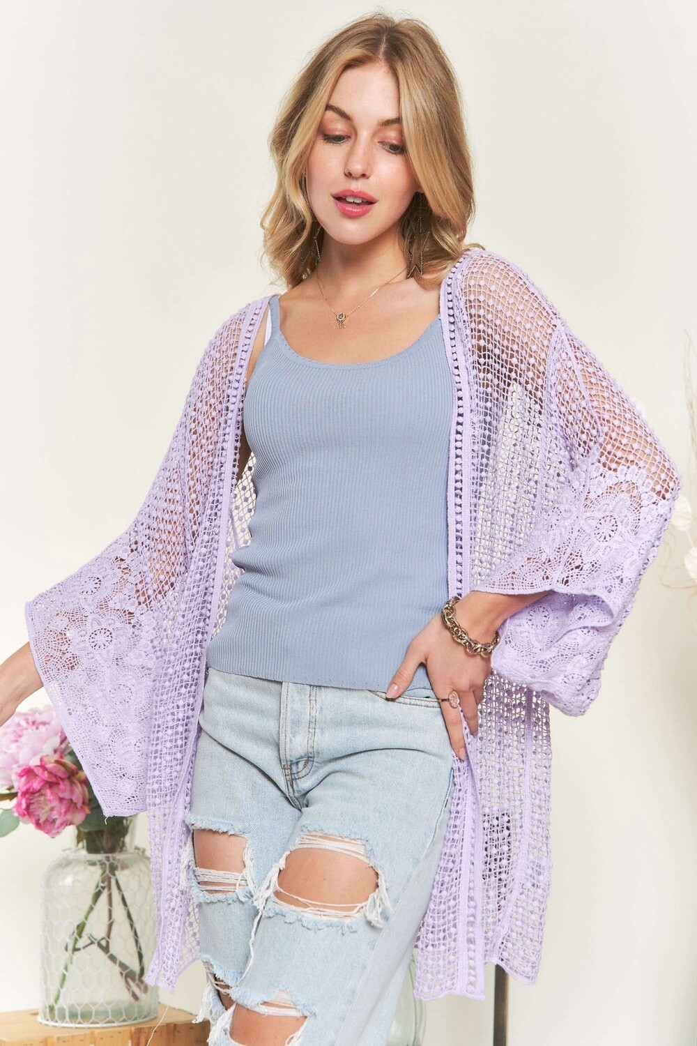 POPCORN CROCHET CARDIGAN, Colour: Lavender, Size: SM/MD