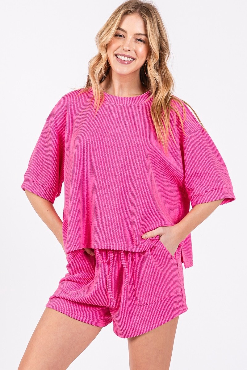 RIBBED ROUND NECK TOP AND SHORTS SET, Colour: Hot Pink, Size: Small