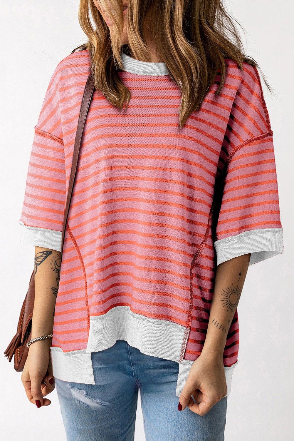 Oversized Exposed Seam High Low Pullover T Shirt, Colour: Rose, Size: Small