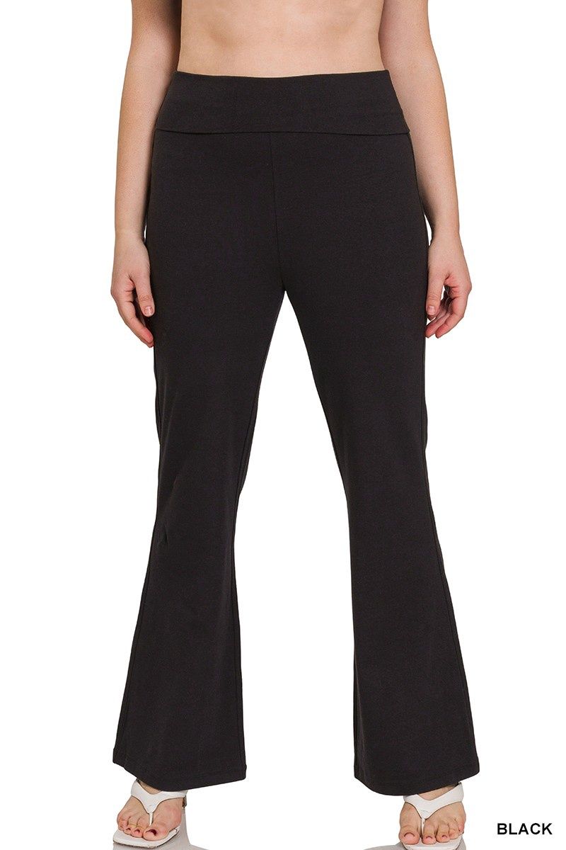 PREMIUM COTTON FOLD OVER YOGA FLARE PANTS, Colour: Black, Size: Small
