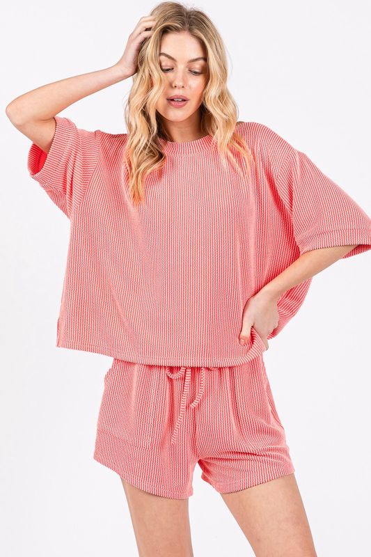 RIBBED ROUND NECK TOP AND SHORTS SET