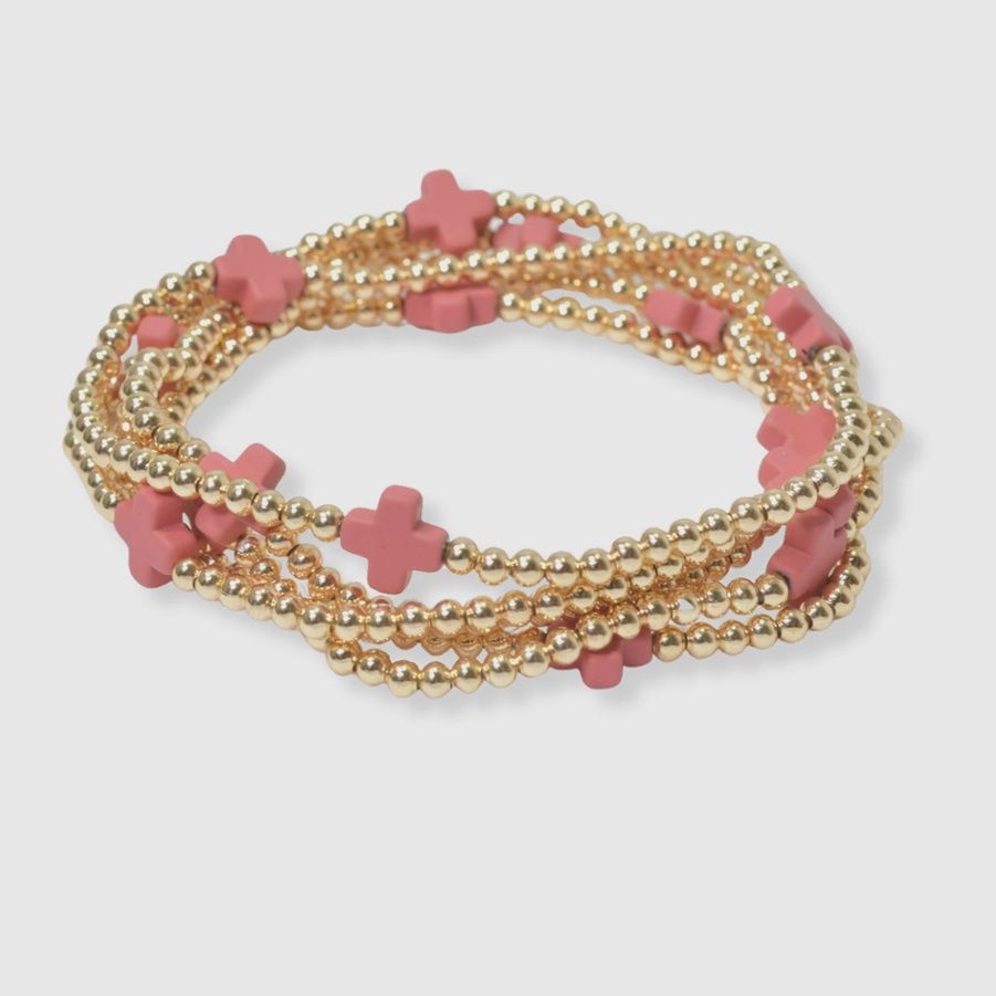 E Newton Dupe Cross Multi Layered Gold Bead Stretch Bracelet, Colour: Coral Gold