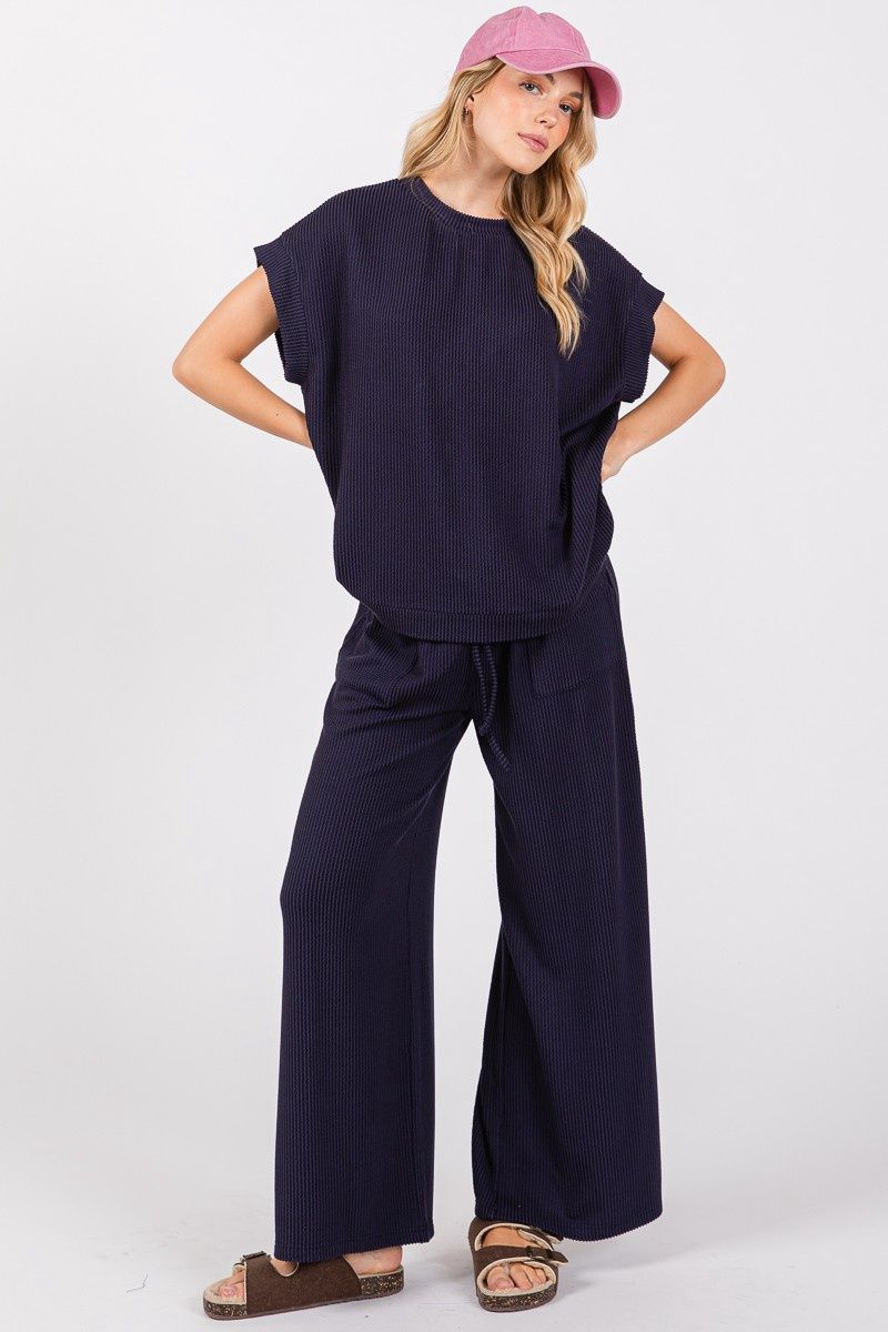 RIBBED ROUND NECK TOP AND PANTS SET, Colour: Navy, Size: Small