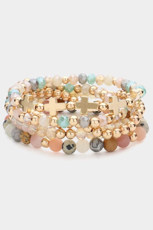 5 pc Metal Cross Ball Natural Stone Bracelets