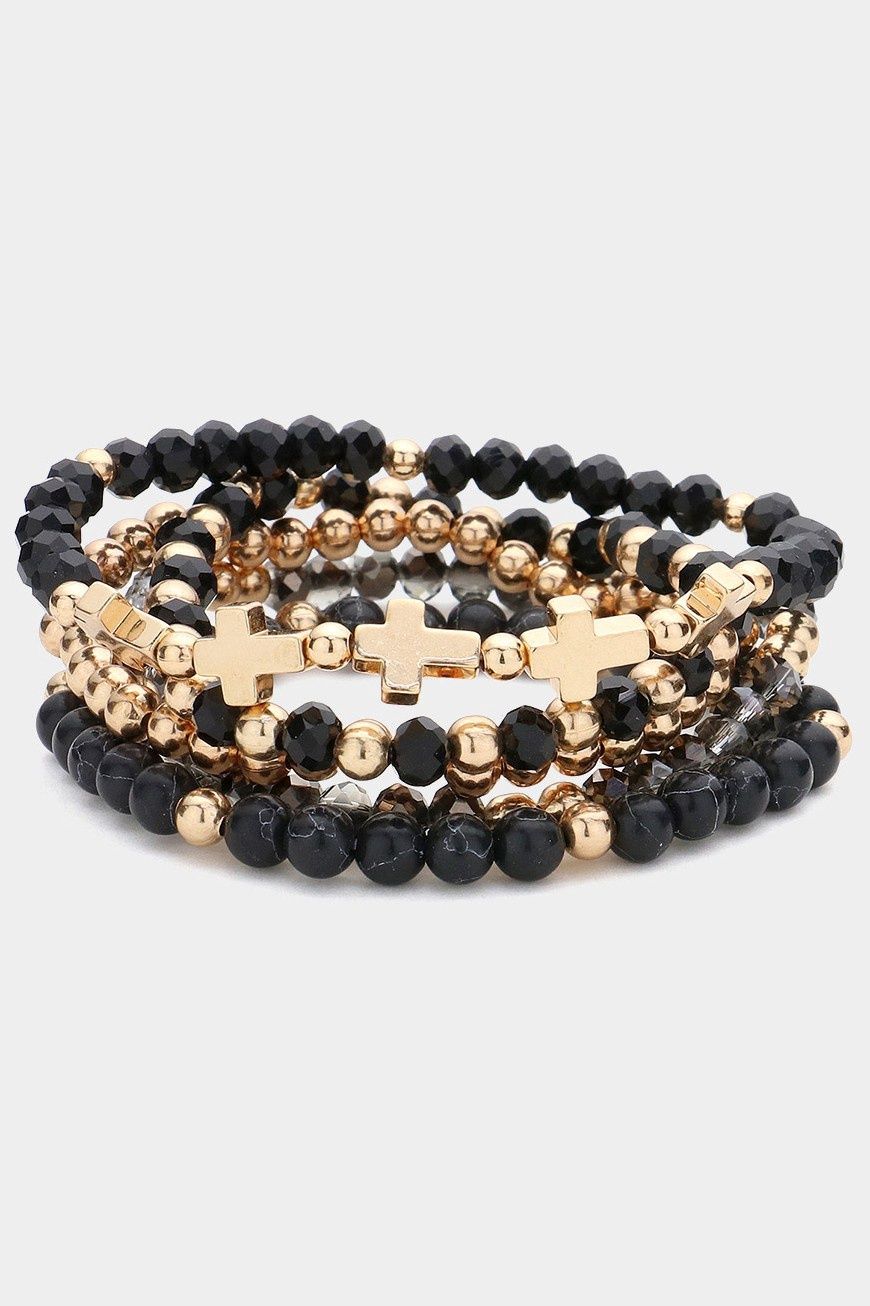 5 pc Metal Cross Ball Natural Stone Bracelets, Colour: BLK