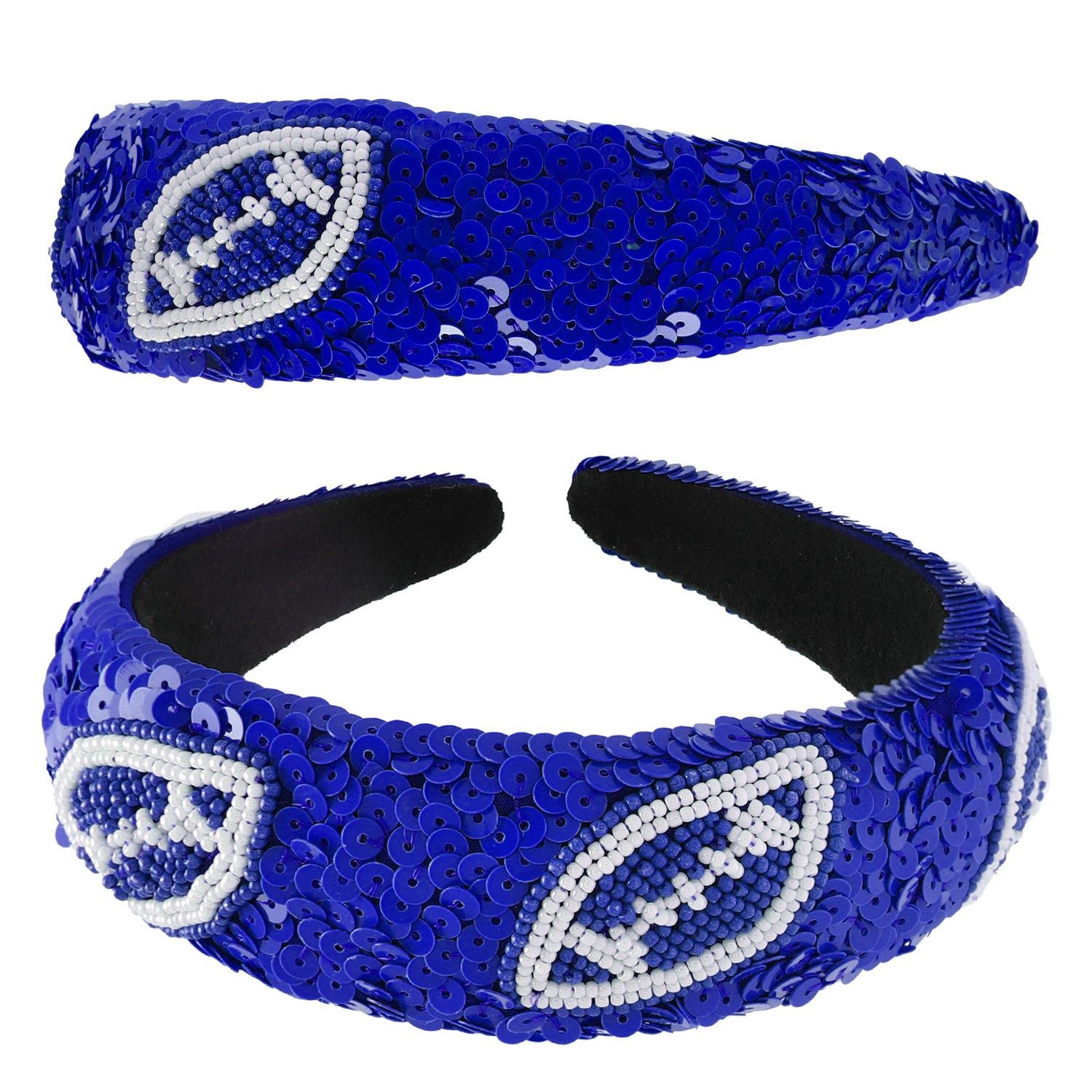 Football Sequin &amp; Seed Beaded Headband, Colour: Blue/White