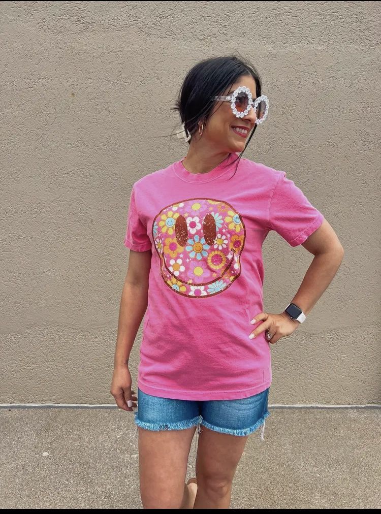 Pink Floral Smiley Face Tee