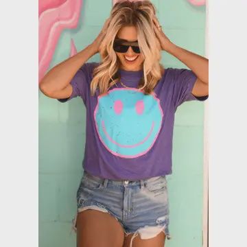 Purple Distressed Smiley Tee