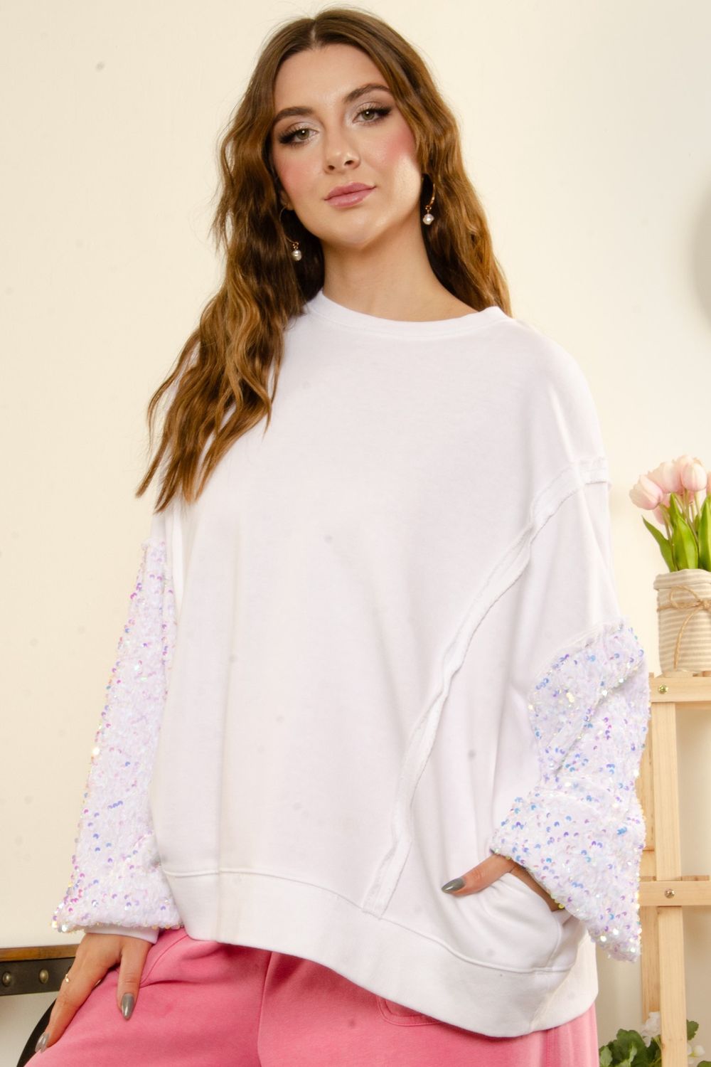 SEQUIN SLEEVE DETAIL MINERAL-WASHED SWEATSHIRT