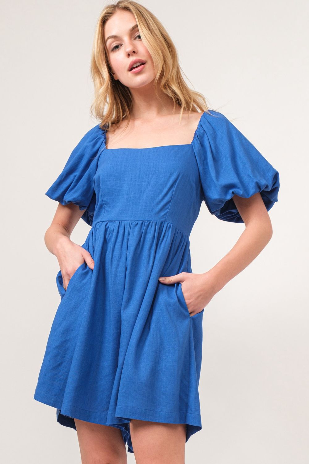 Square Neck Bubble Sleeve Linen Blended Romper