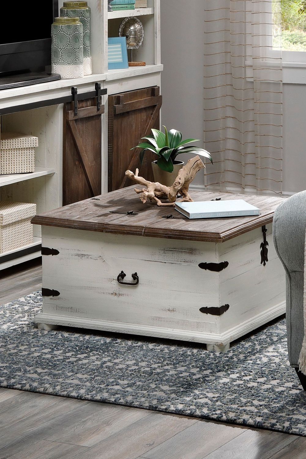 Large Double Lid Coffee Table Aged White
