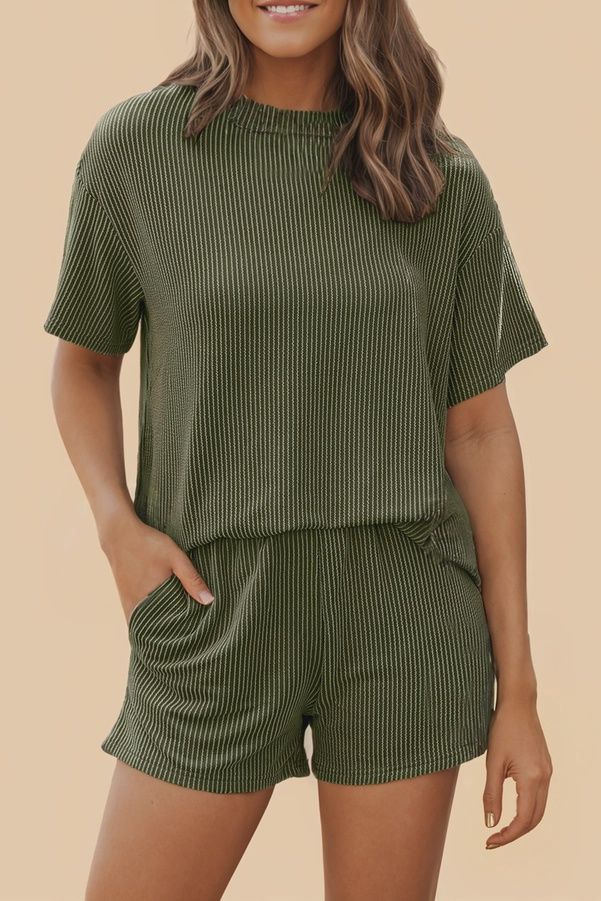 Ribbed Textured Knit Loose Fit Tee and Shorts Set