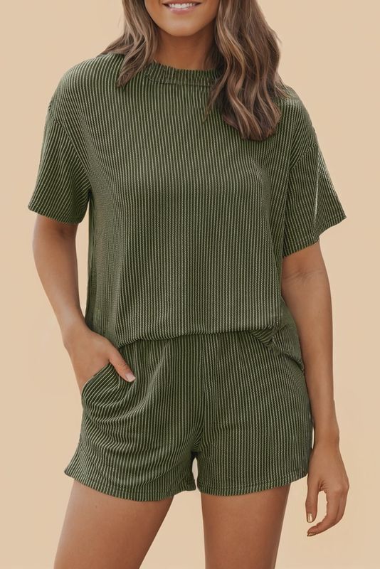 Ribbed Textured Knit Loose Fit Tee and Shorts Set