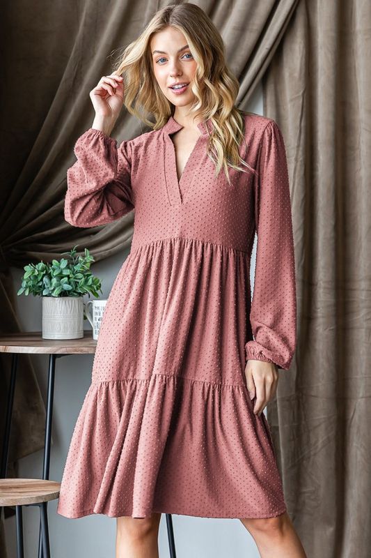 LONG SLEEVE MANDARIN COLLAR DOT TIERED MINI DRESS