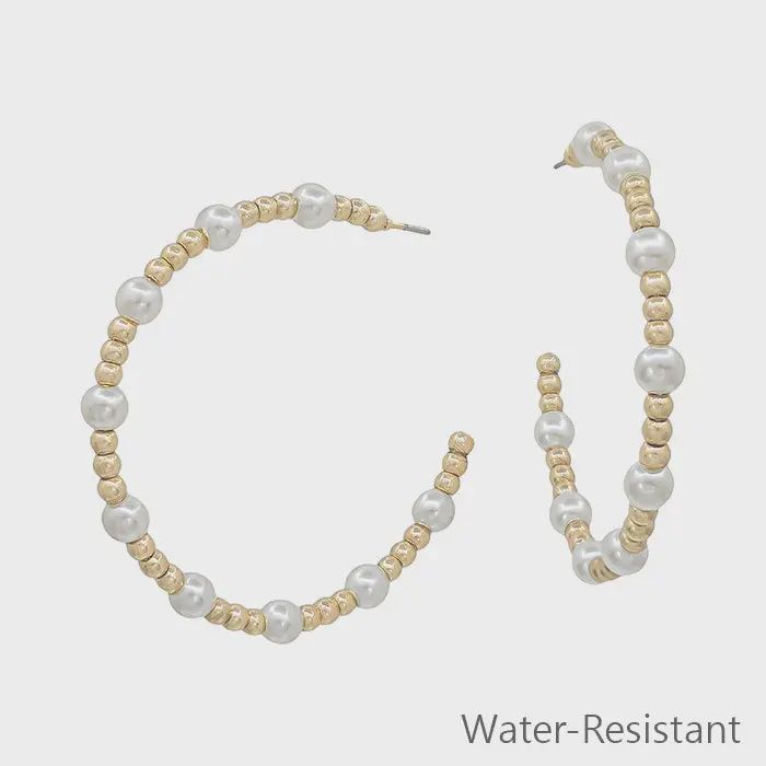 Water Resistant Small Gold Beaded and Pearl 2&quot; Hoop Earring