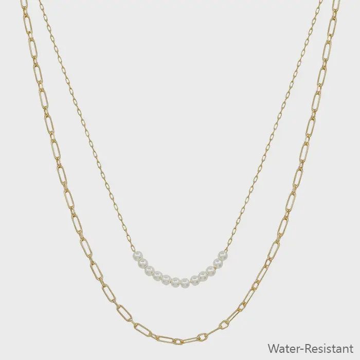 Water Resistant Double Layered Pearl Beaded and Gold Chain 16&quot;-18&quot; Necklace