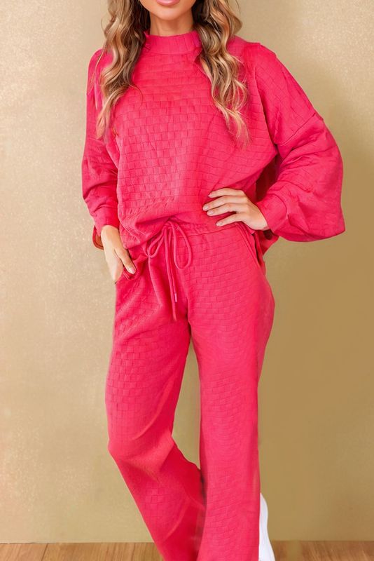 Checkered Textured Split Pullover Top Pants Set
