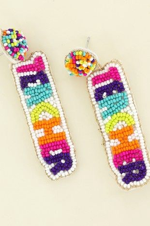 TEACHER VERTICAL TEXT BEADED EMBROIDERY EARRINGS