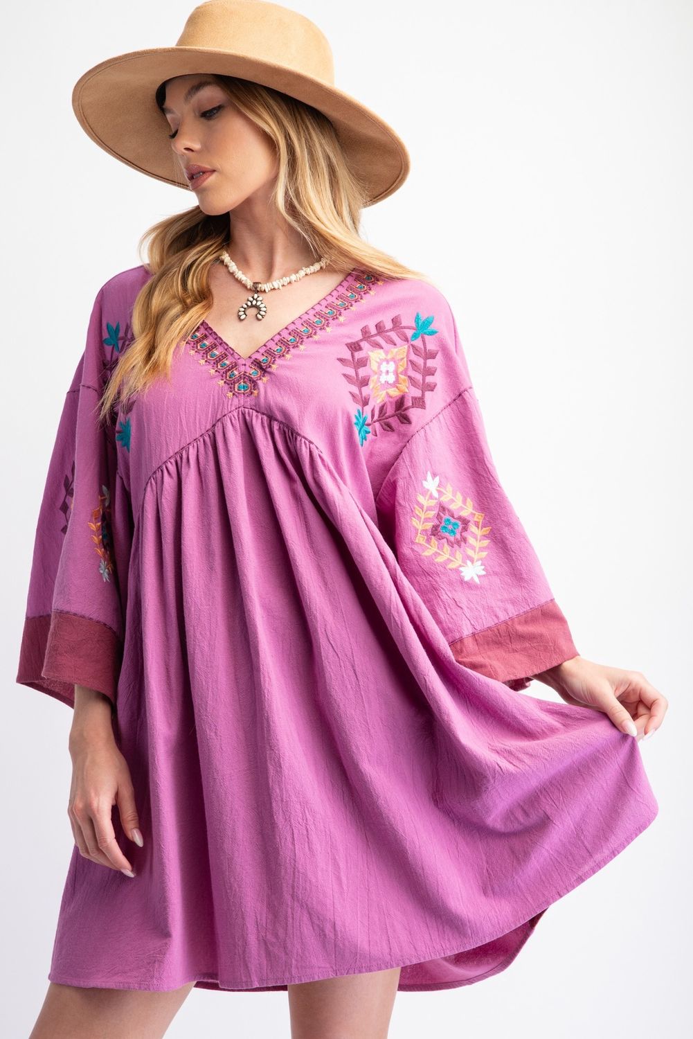 EMBROIDERED POLY LINEN WOVEN DRESS