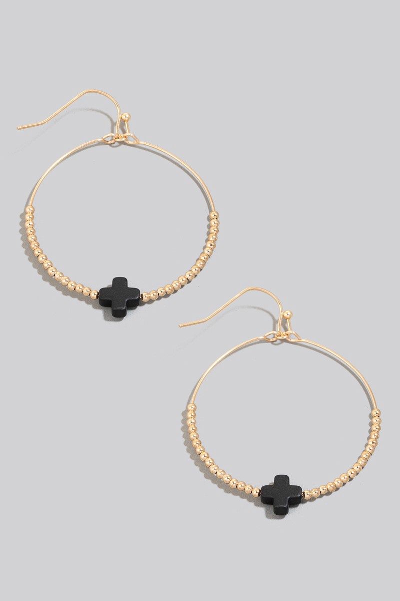 E Newton Dupe Mini Stone Cross Charm Beaded Hoop Drop Earrings, Colour: Black