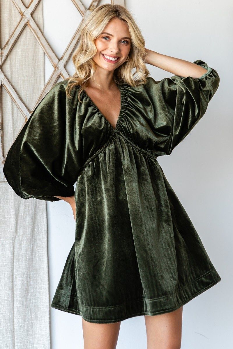 Velvet Puff Sleeve Deep V-neck Short Dress