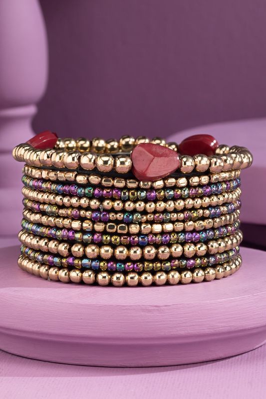 10 Layered Gold &amp; Colorful Bead Stretch Bracelet