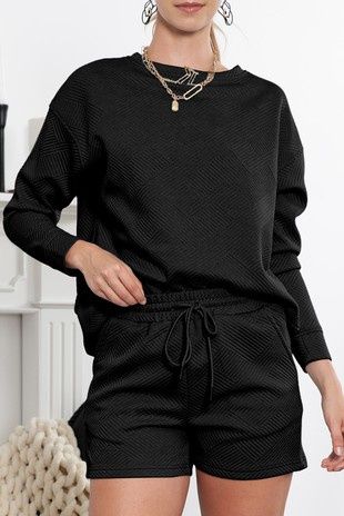 Textured Long Sleeve Top and Drawstring Shorts Set
