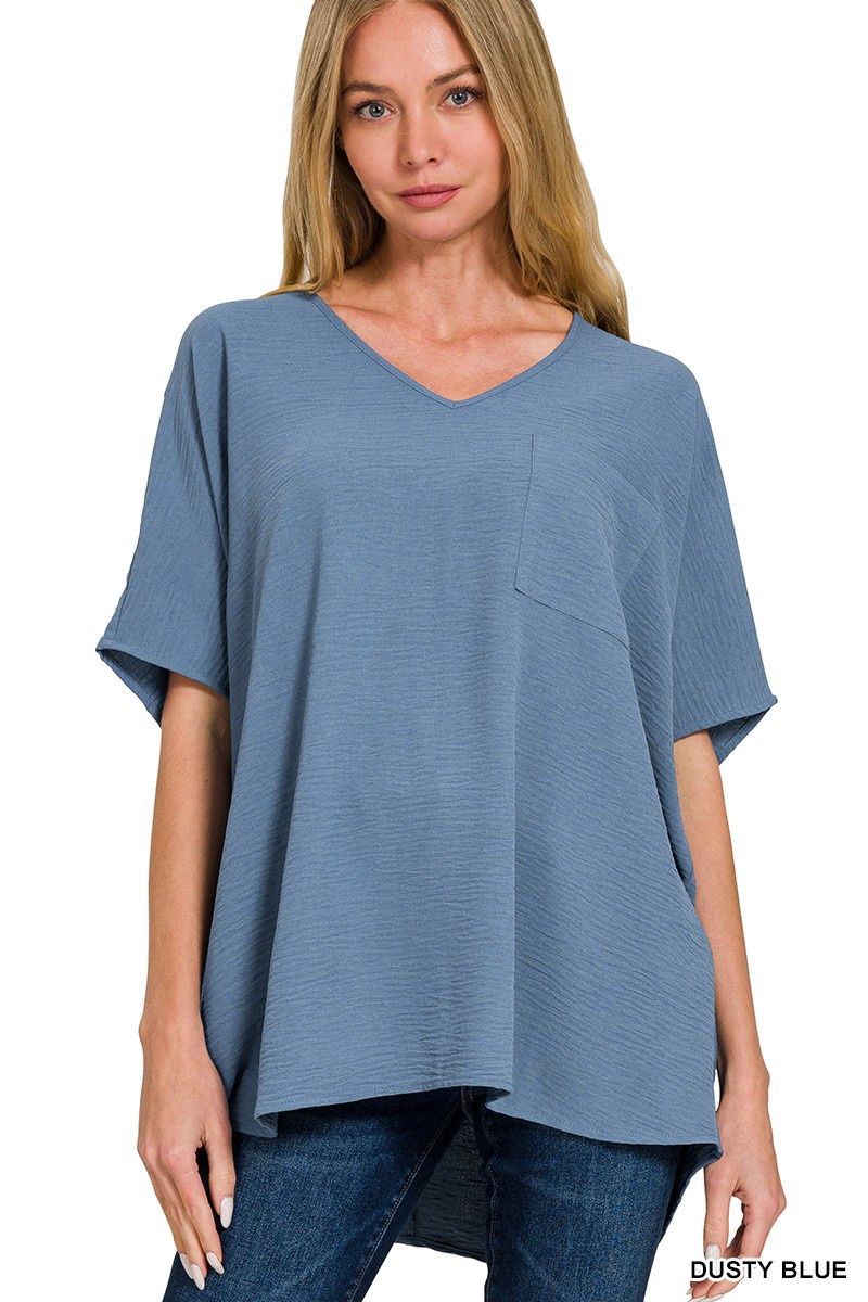 WOVEN AIRFLOW V-NECK DOLMAN SHORT SLEEVE TOP