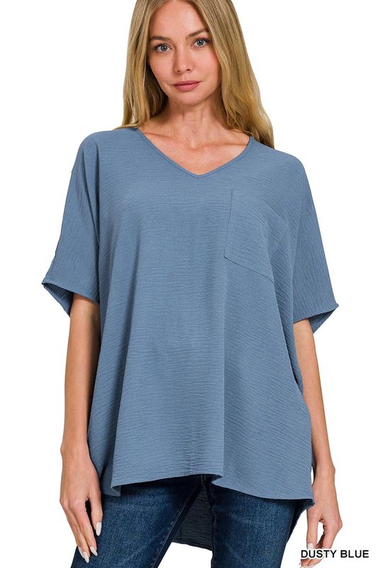 WOVEN AIRFLOW V-NECK DOLMAN SHORT SLEEVE TOP