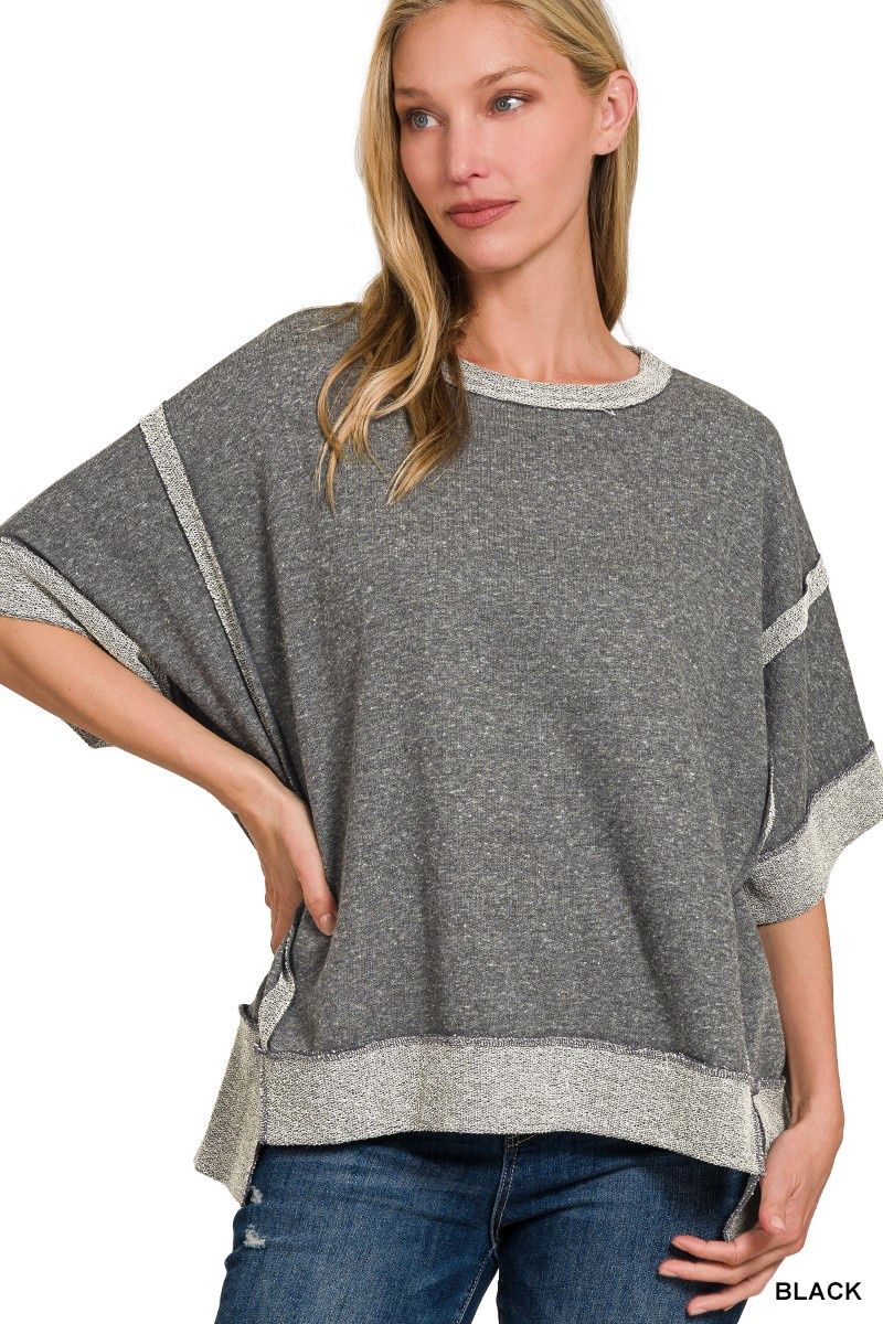 CONTRAST TRIM TOP-STITCHING DROP SHOULDER TOP, Colour: BLACK, Size: SM/MD