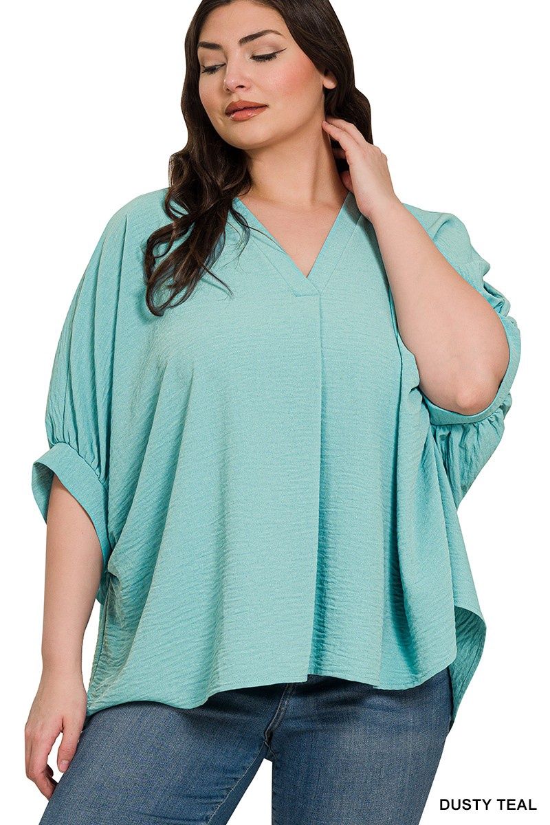 PLUS WOVEN AIRFLOW V-NECK PUFF HALF SLEEVE TOP