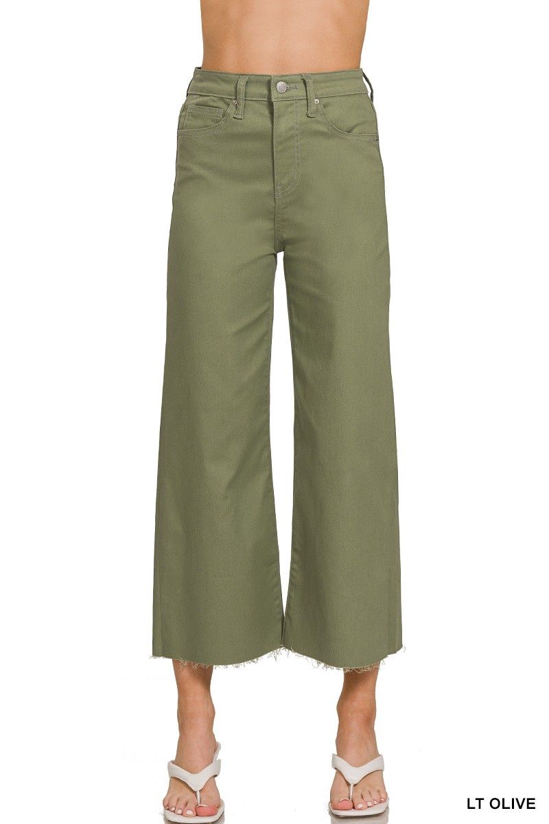 HIGH RISE FLARE CROPPED COLOR DENIM PANTS, Colour: Lt Olive, Size: Small