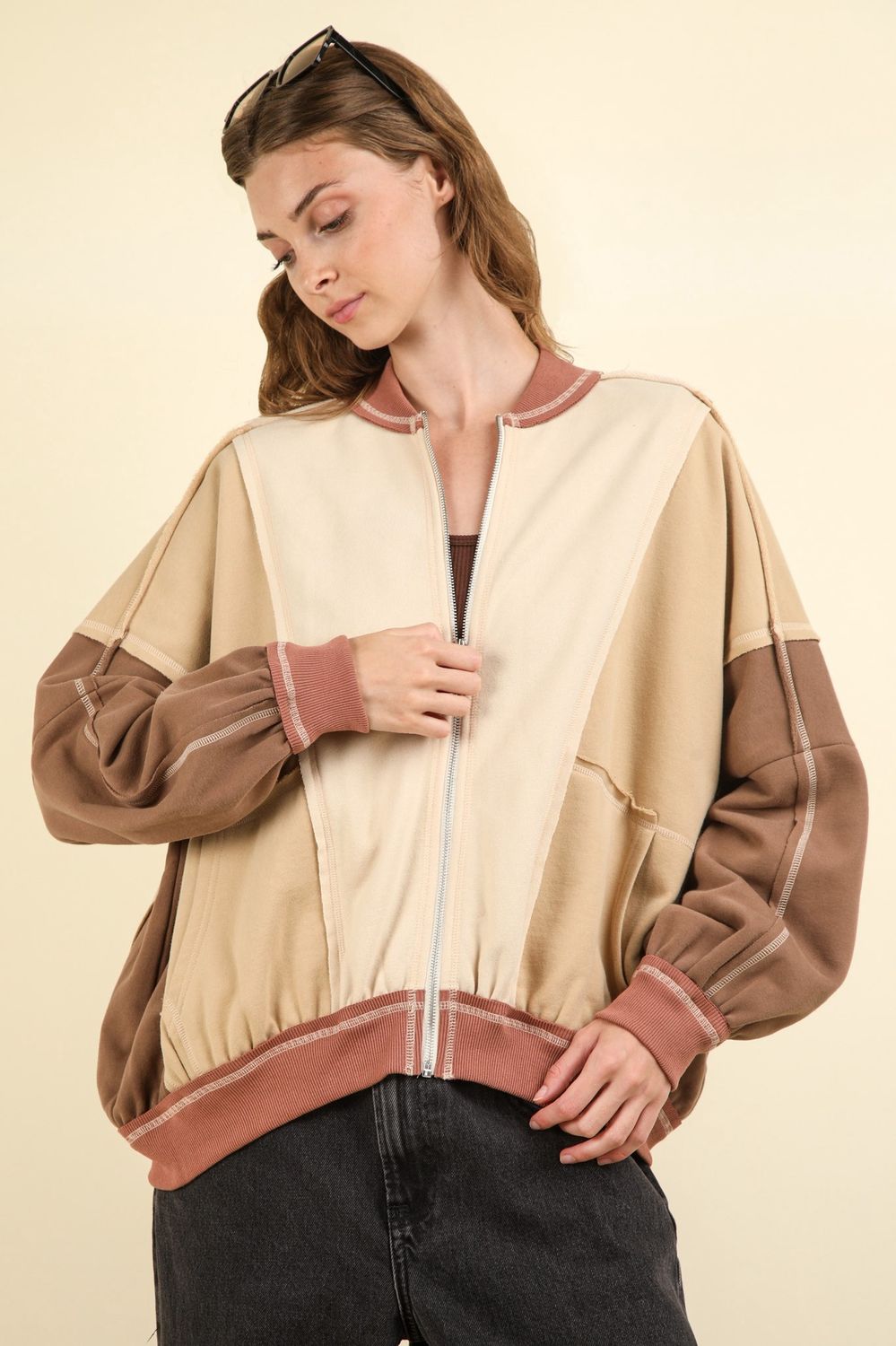 Color Block Casual Bomber Oversized Knit Jacket, Colour: CREAM, Size: S/M