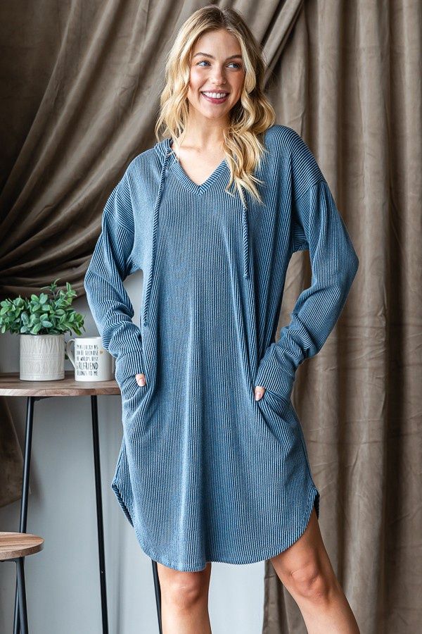PLUS SOLID URBAN RIBBED HOODIE MINI DRESS, Size: 1X, Colour: DK Denim