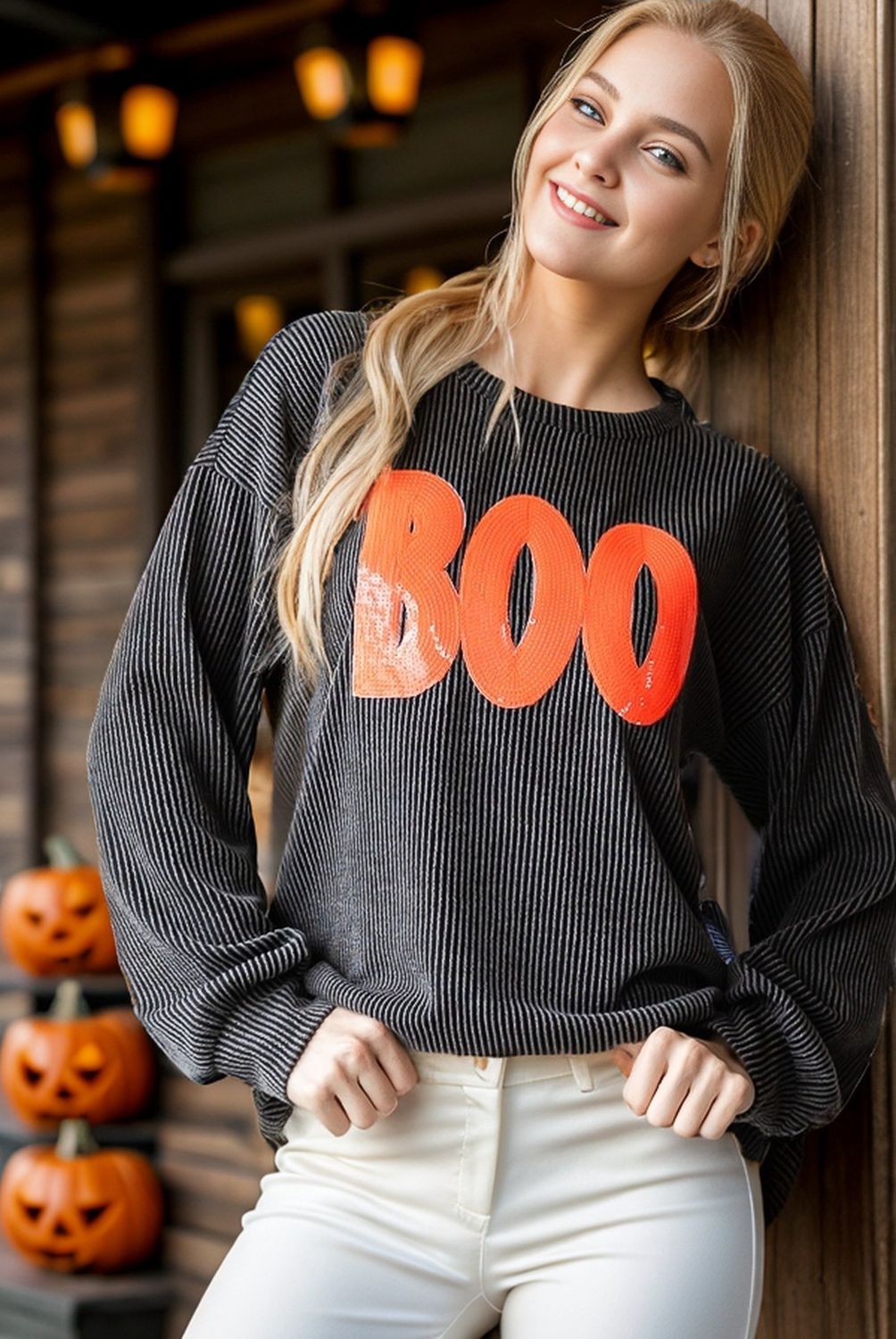 SOLID URBAN RIBBED SEQUINS HALLOWEEN TOP