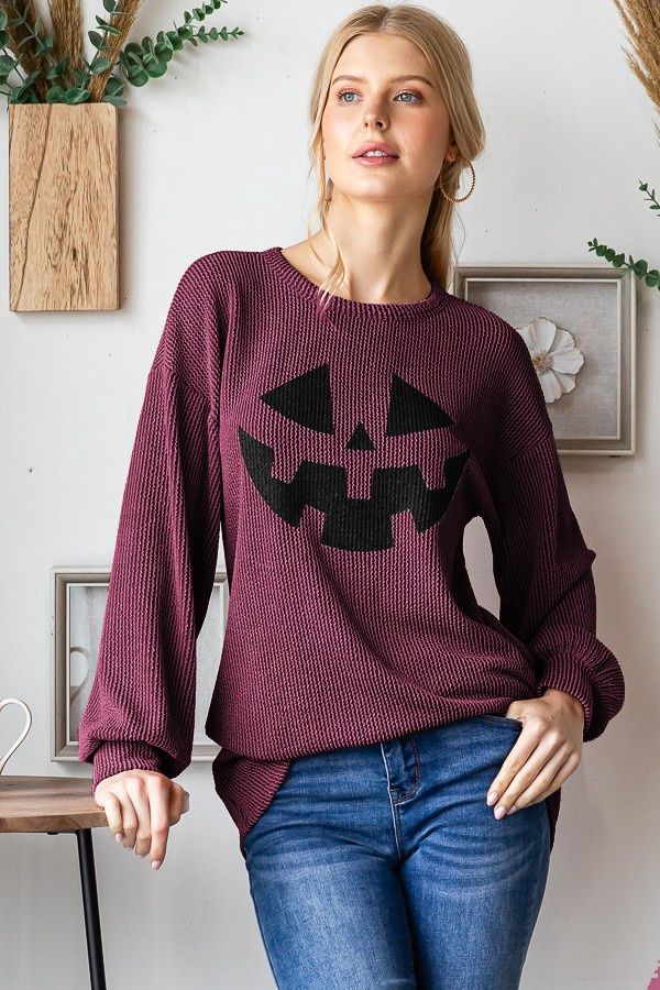 LONG SLEEVE SOLID URBAN RIBBED HALLOWEEN TOP, Size: Small, Colour: Burgundy