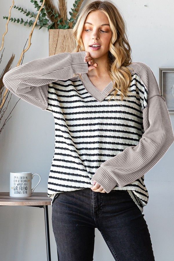 PLUS STRIPE AND SOLID URBAN RIBBED CONTRAST TOP, Colour: OATMEAL, Size: 1X